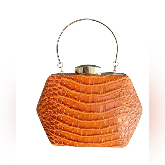 Handbags - Orange leather animal print small purse clutch gold detail